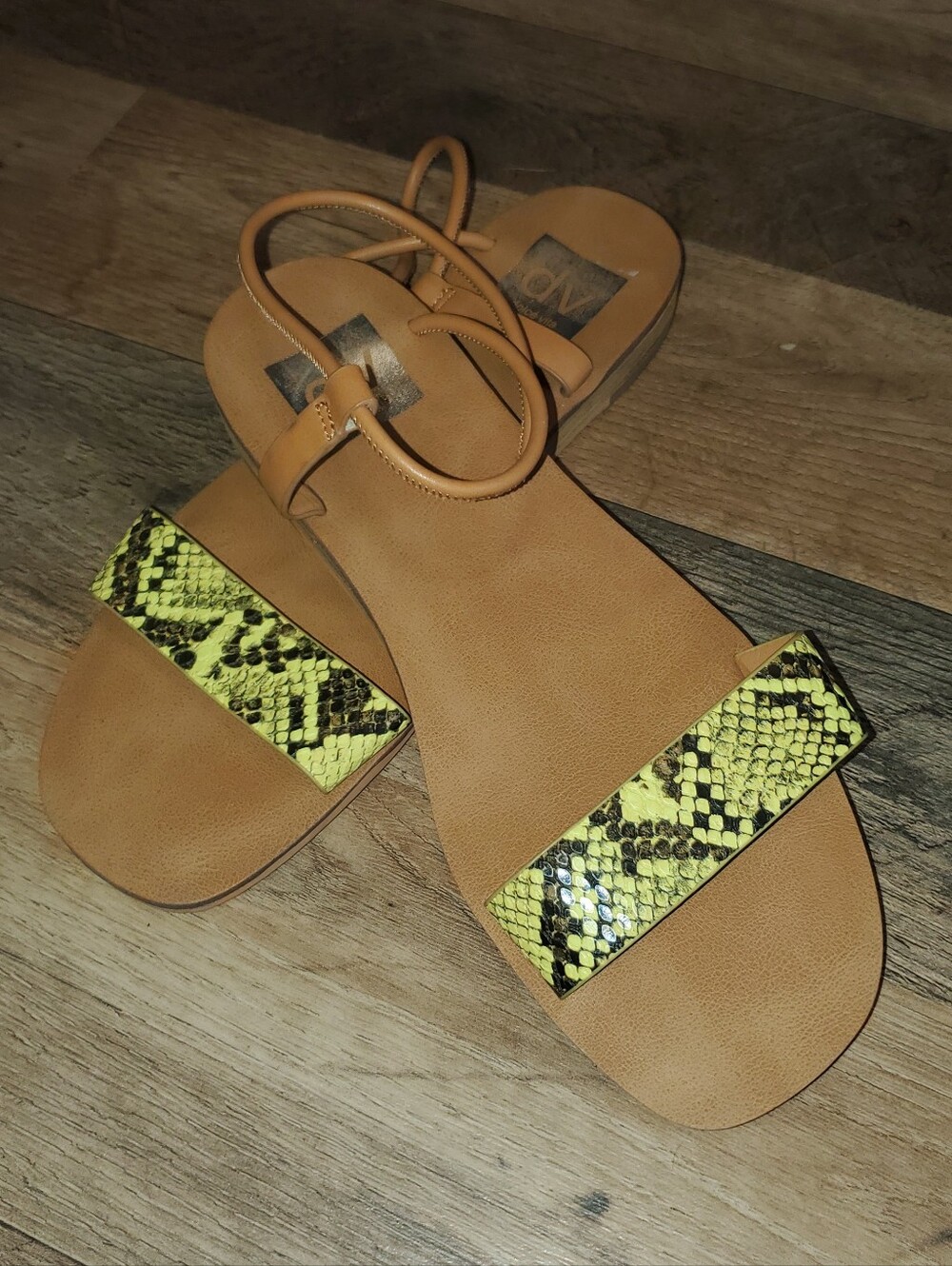 Women’s Tan Sandals with Yellow Snake-Print Strap